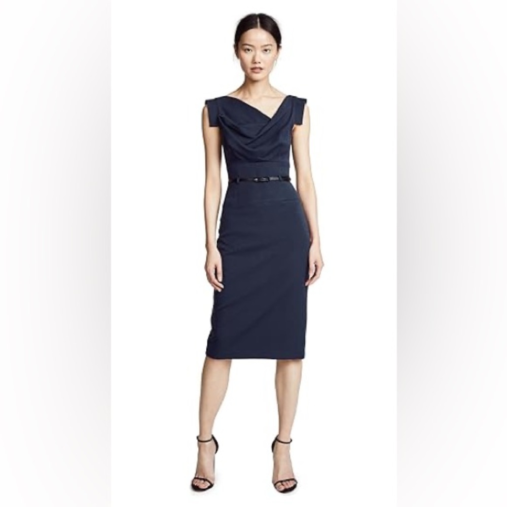 Black Halo Jackie Belted Stretch Gabardine Sheath black dress sz 4